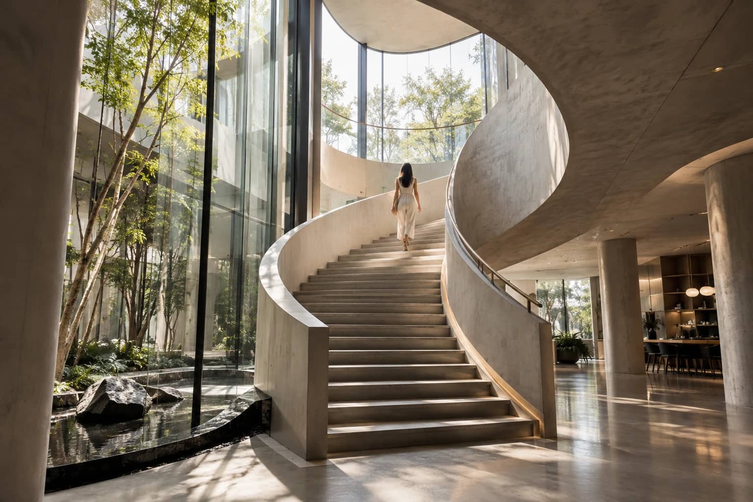 Sculptural modern studio stairway leading to a sunlit atrium