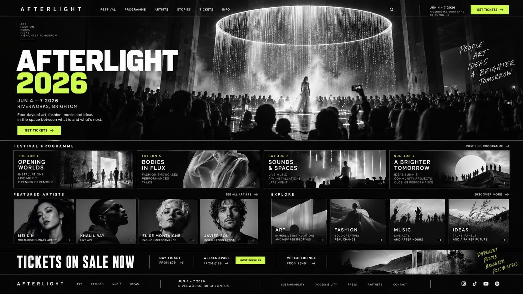 Complete Afterlight festival campaign website with programme, artists and tickets