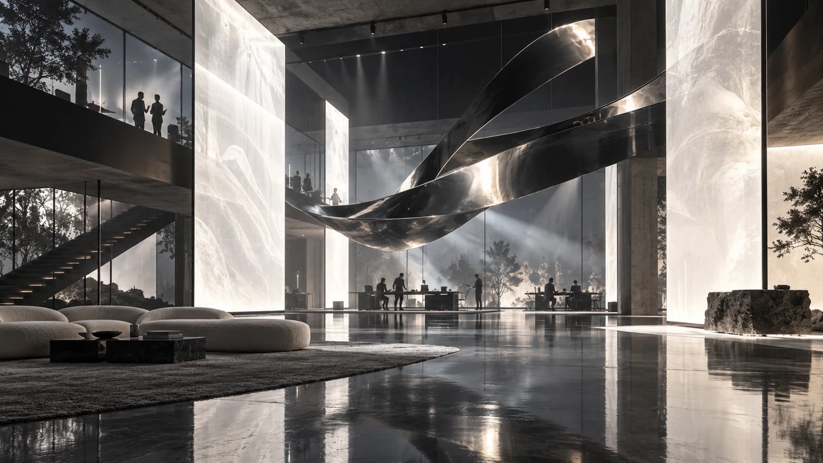 Cinematic creative studio with a suspended sculptural graphite ribbon