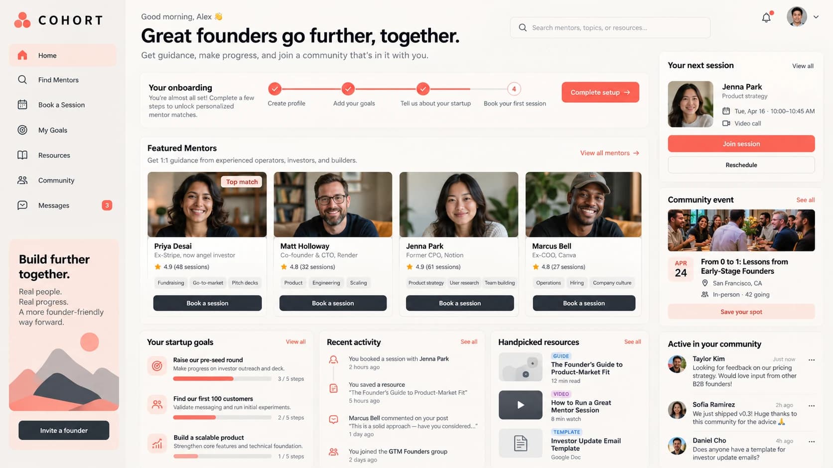 Cohort startup mentorship platform with founder goals and expert discovery
