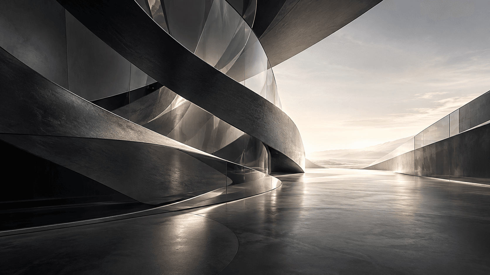 Sculptural graphite and glass pathway opening toward the light