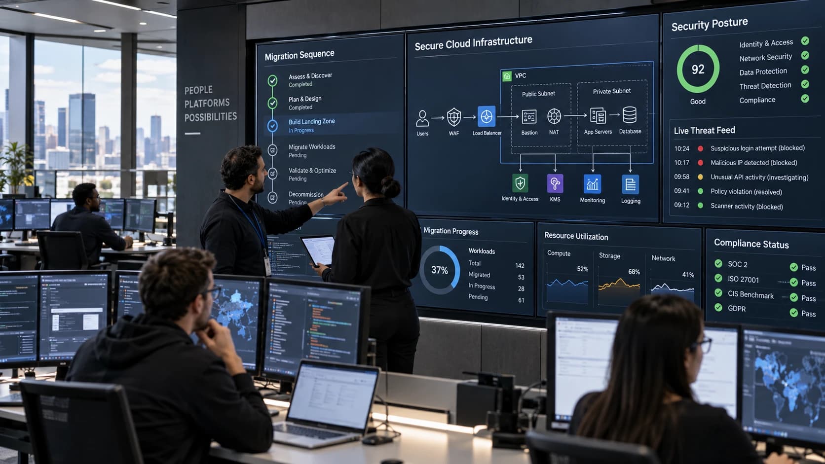 Cloud engineers reviewing a secure migration sequence and infrastructure map