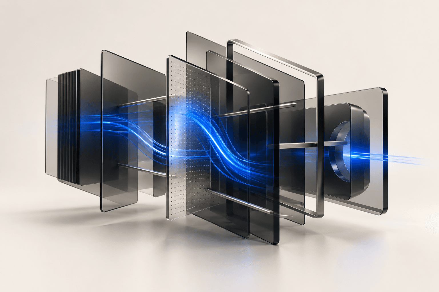 Graphite glass architecture with a blue signal representing digital product engineering