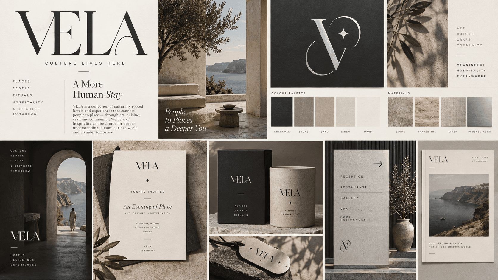 Full Vela cultural hospitality brand identity with typography, logo, palette, print applications and wayfinding