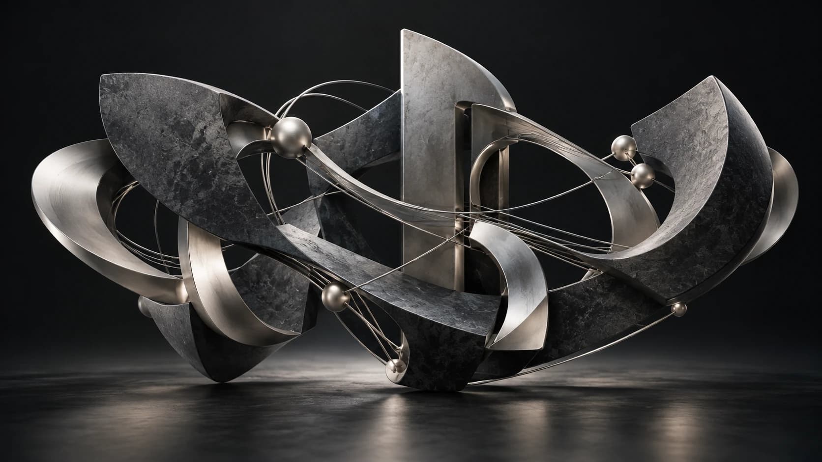 Interconnected graphite and silver sculptural forms