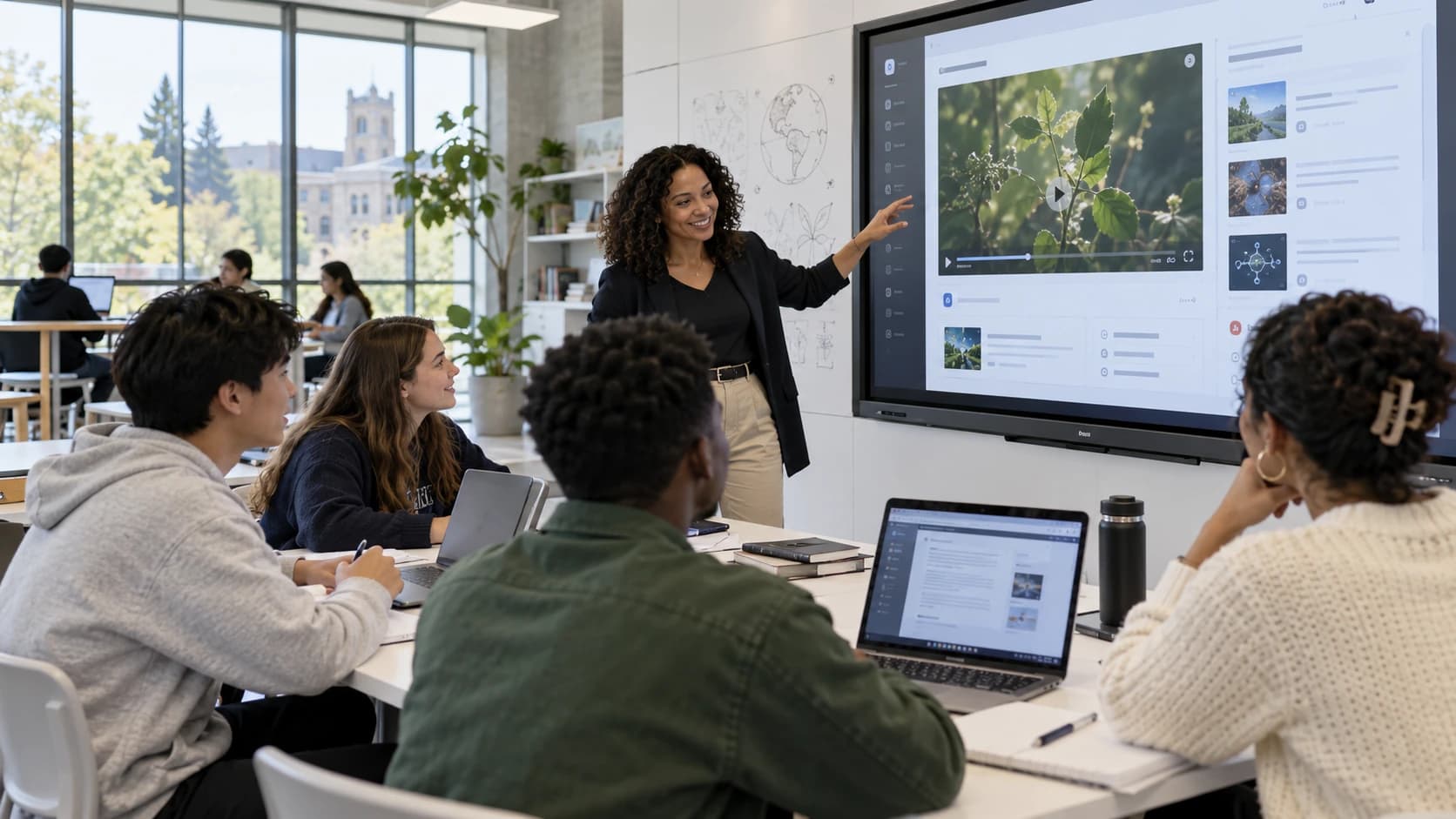 Educator and students using a digital learning platform in a modern classroom
