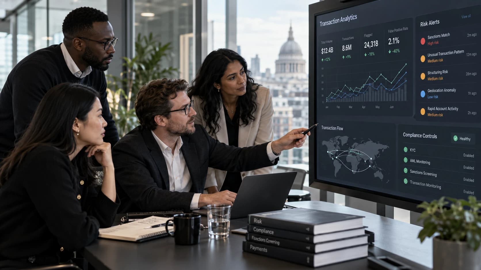 Financial team reviewing transaction analytics and risk controls