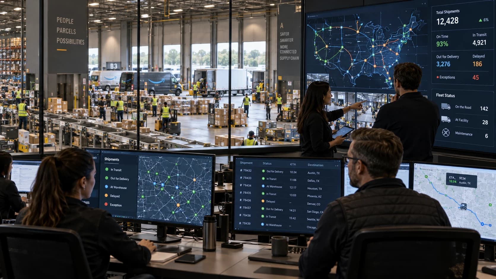 Logistics team coordinating shipment routes in an active distribution center