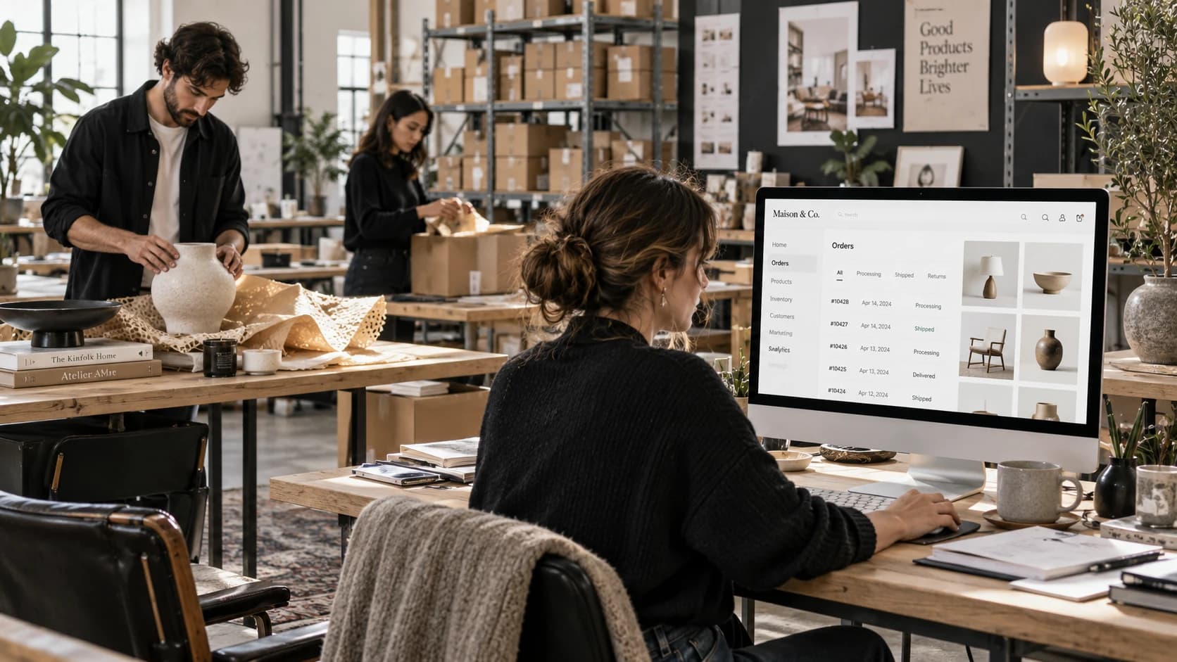 Retail team managing products and online orders in a design-led studio