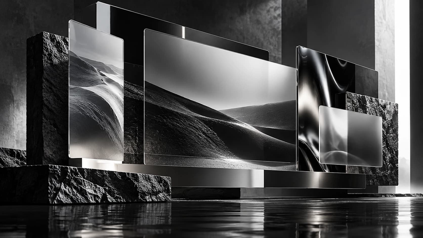 Layered glass and graphite forms representing a modular digital product