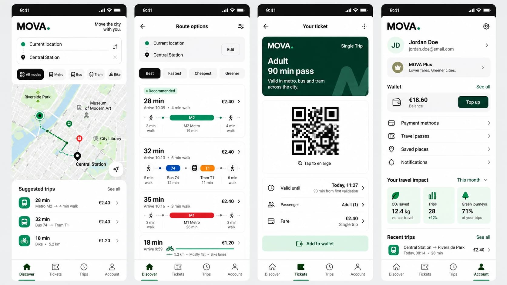 Four complete screens of a transit mobile app showing route search, booking and account