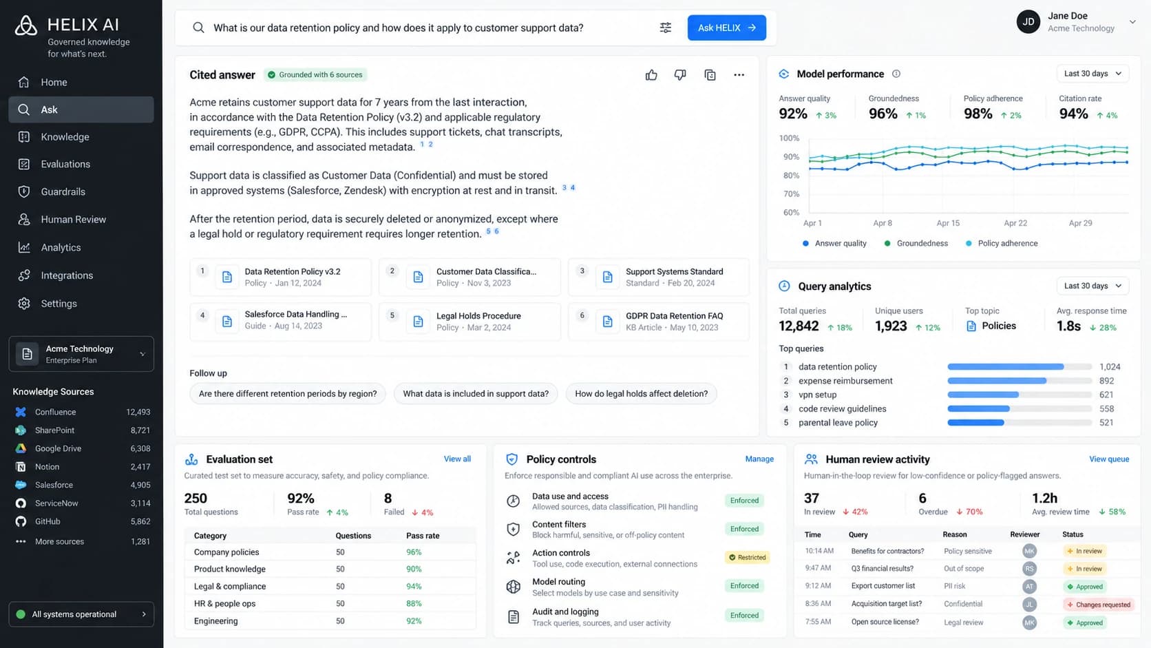 Helix AI governed knowledge platform with cited answers and model evaluations
