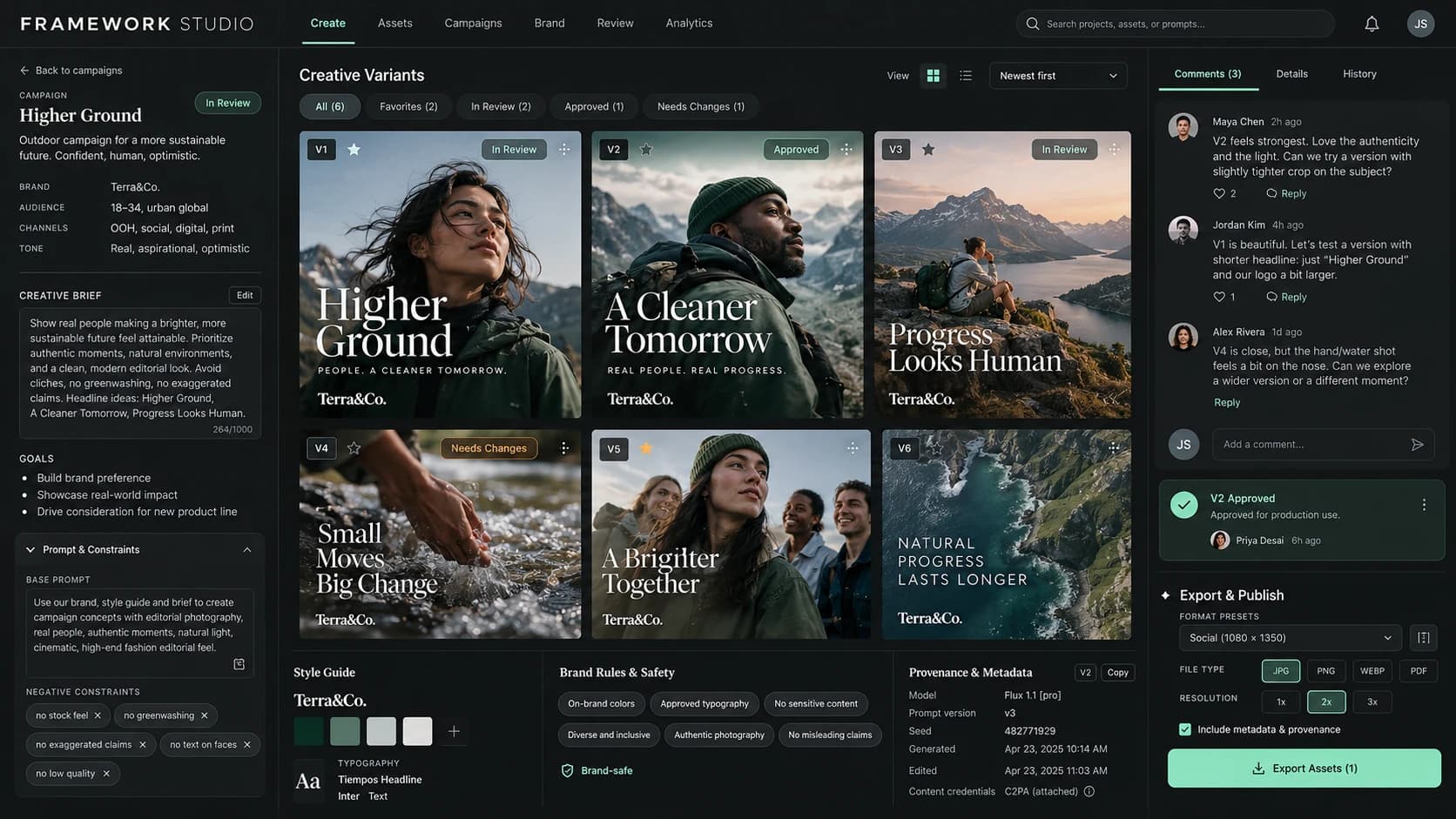 Framework Studio generative creative workflow with variants, review and provenance