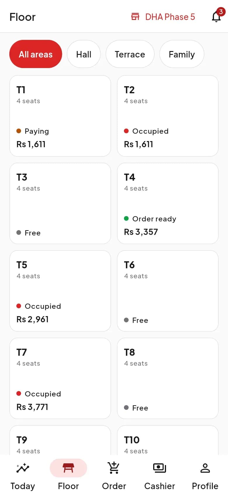 DishRoute staff app waiter floor with table status and bills