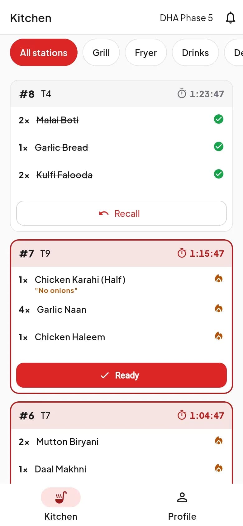 DishRoute staff app kitchen tickets with timers and ready buttons