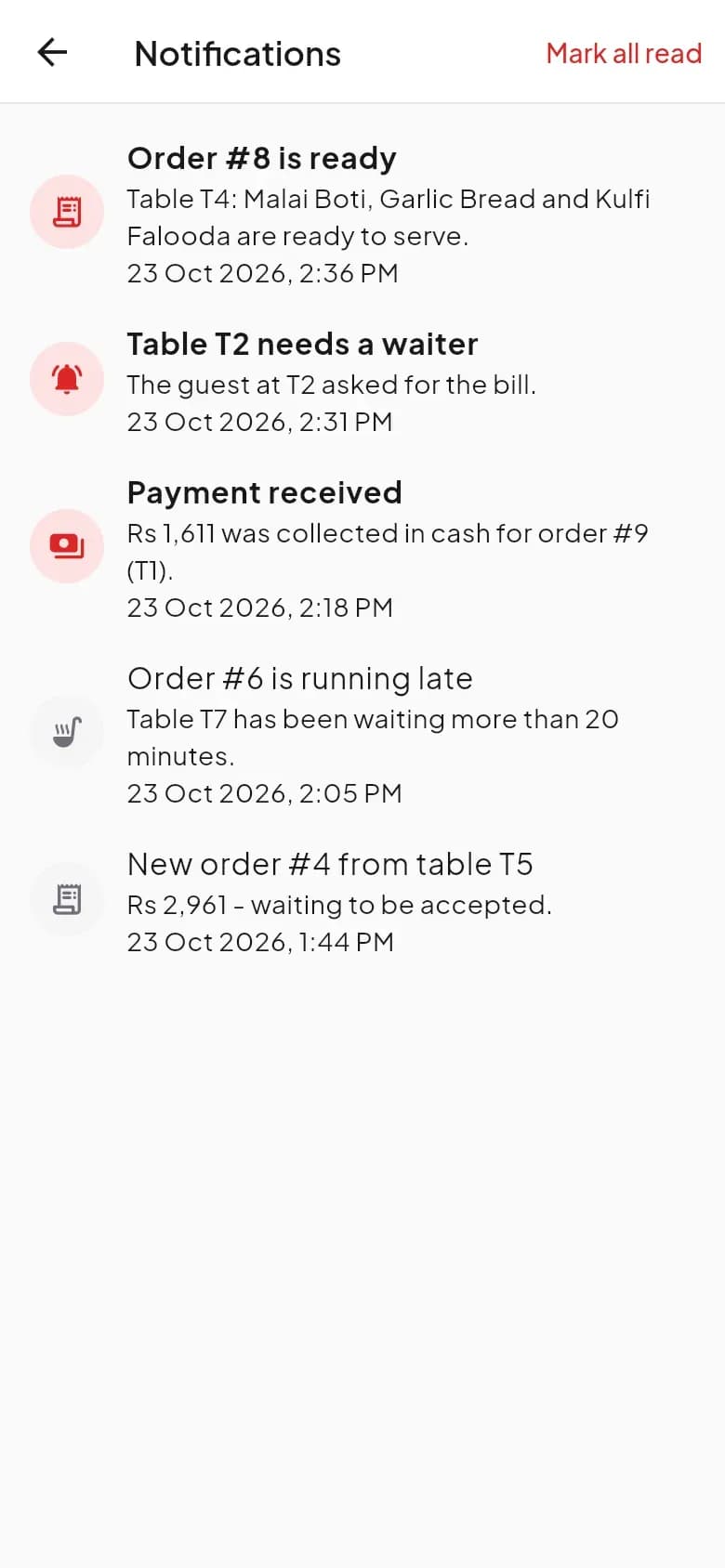 DishRoute staff app notifications for ready orders and waiter calls
