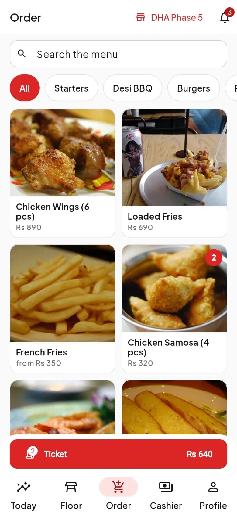DishRoute staff app taking a table order from the menu