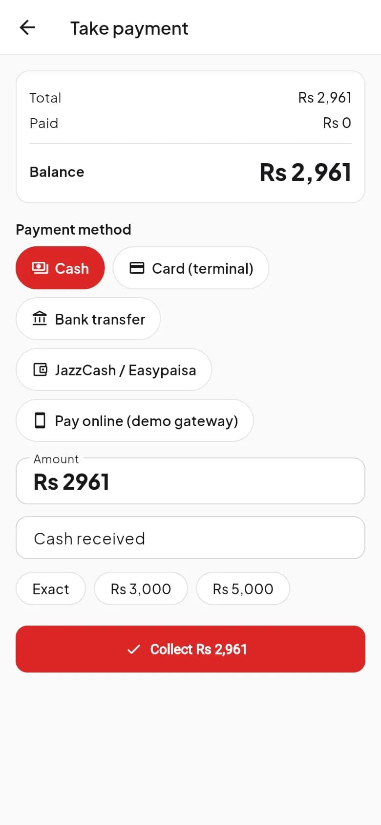 DishRoute staff app taking cash, card, JazzCash or Easypaisa payment