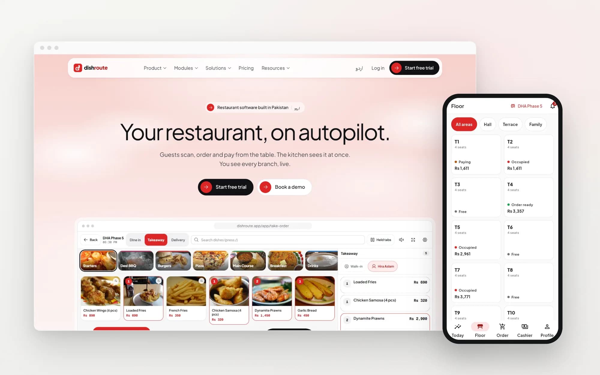 DishRoute restaurant management system marketing website on a desktop browser with the mobile app beside it