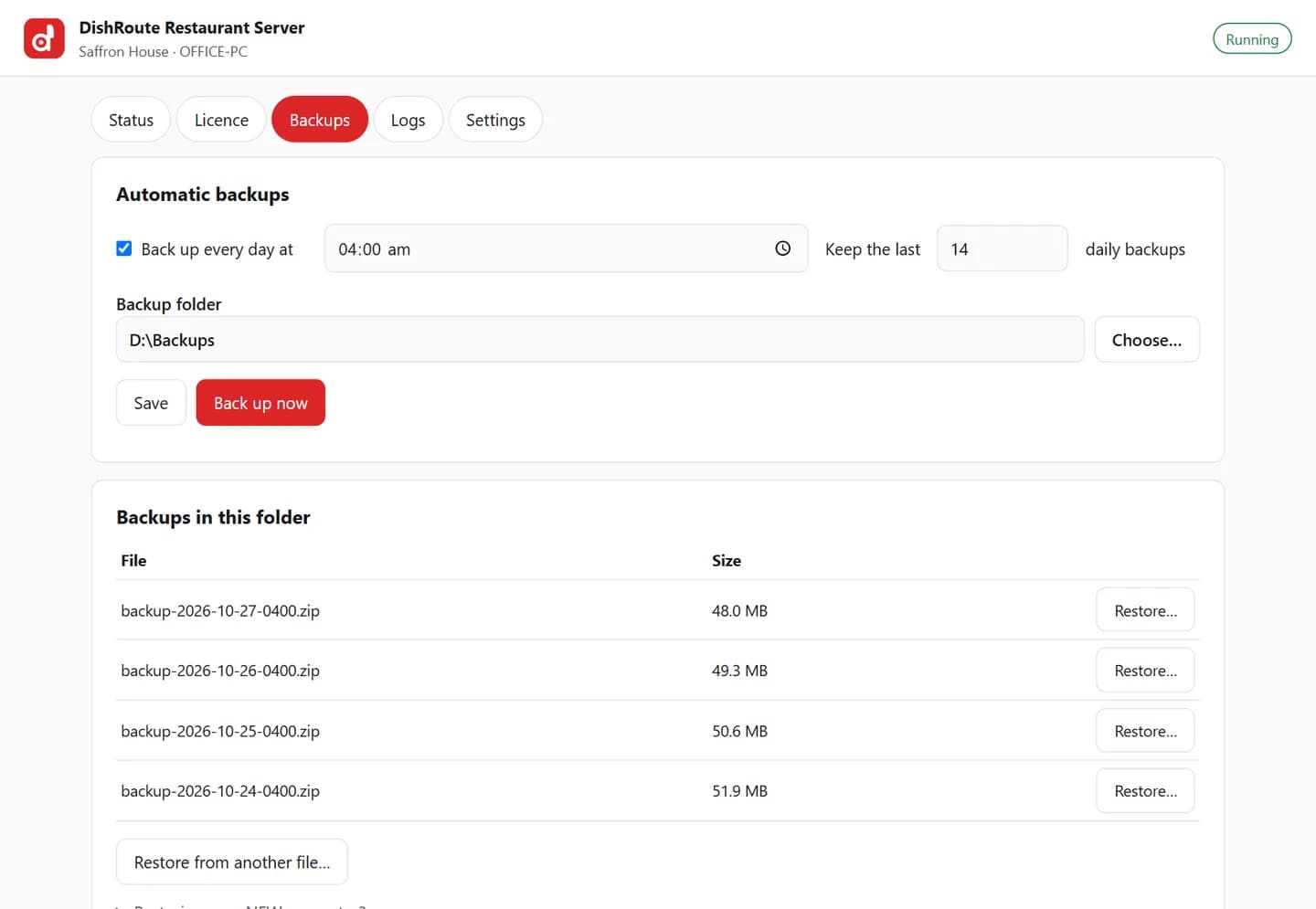 DishRoute Restaurant Server backups tab with daily schedule and restore points