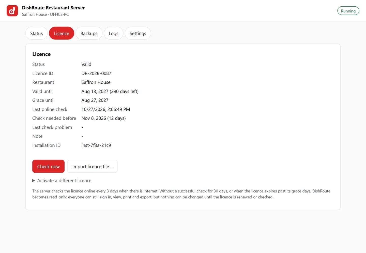 DishRoute Restaurant Server licence tab with validity details