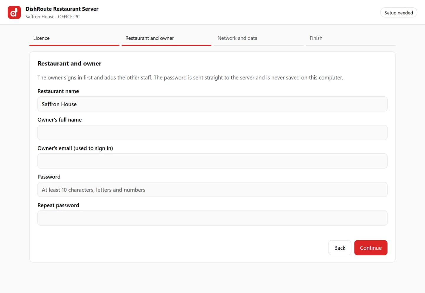 DishRoute Restaurant Server setup wizard for restaurant and owner details