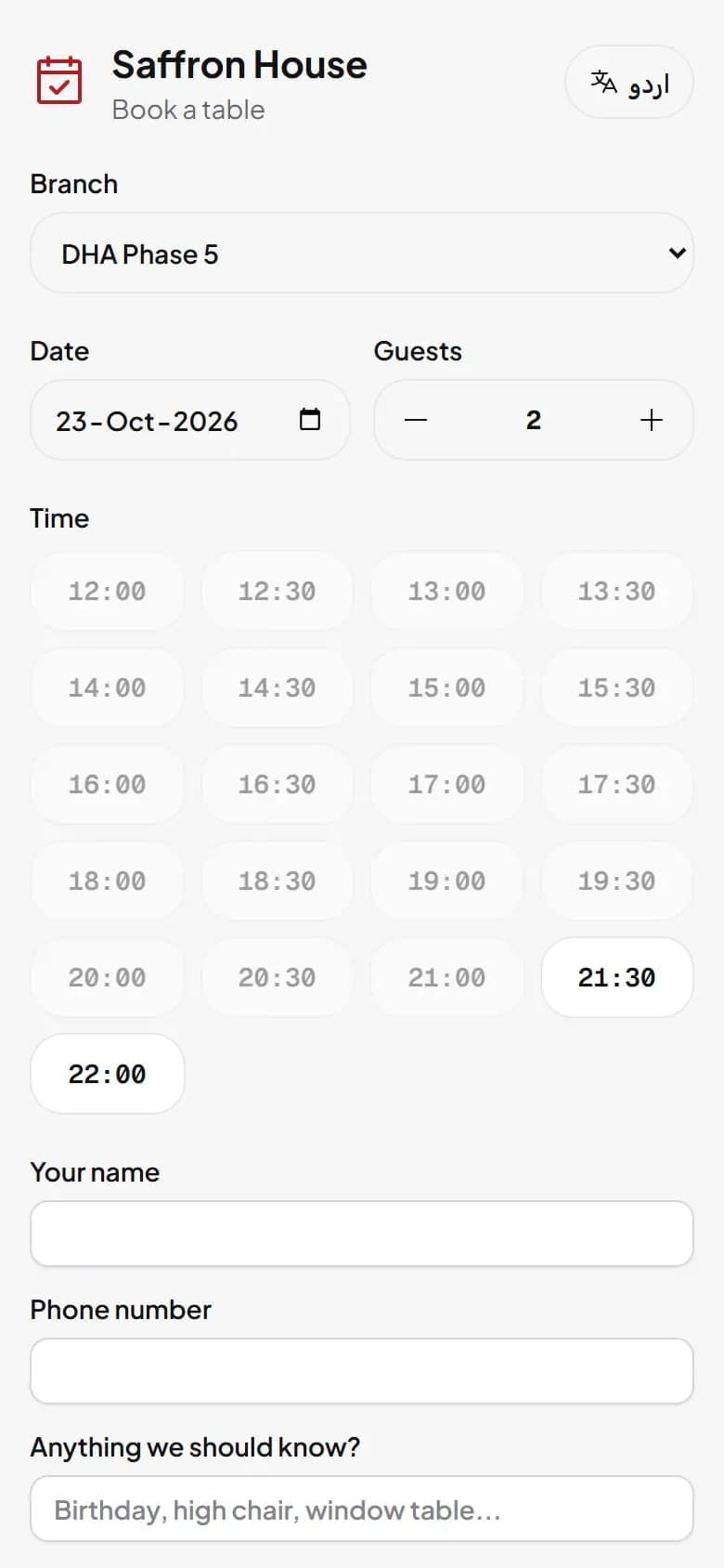 DishRoute table booking page on a phone with date, guests and time slots