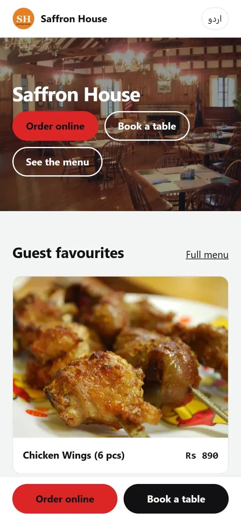 DishRoute restaurant microsite on a phone with order and booking buttons