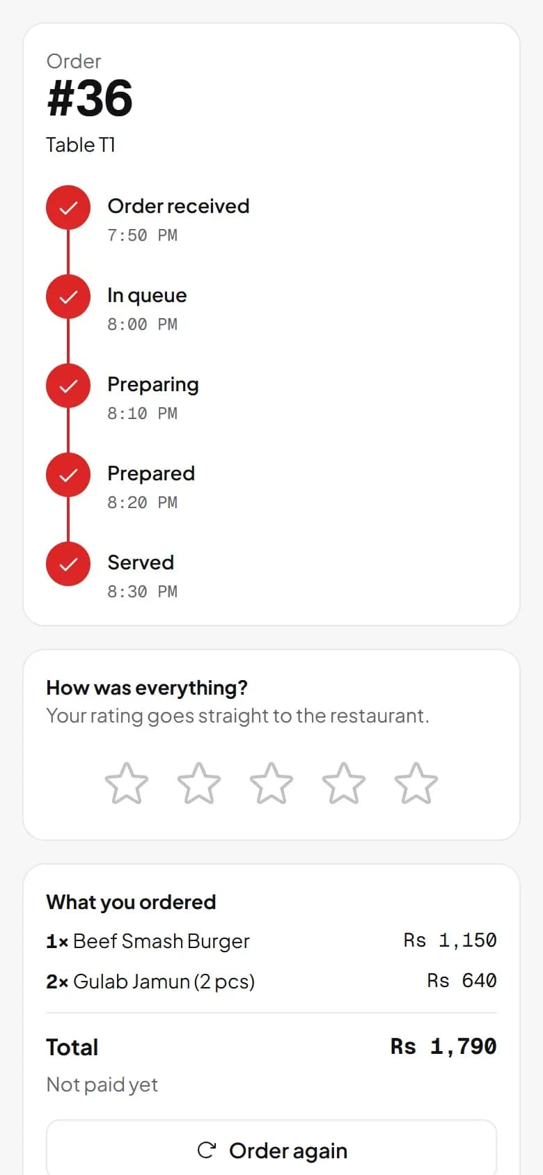 DishRoute guest order tracker showing each kitchen stage