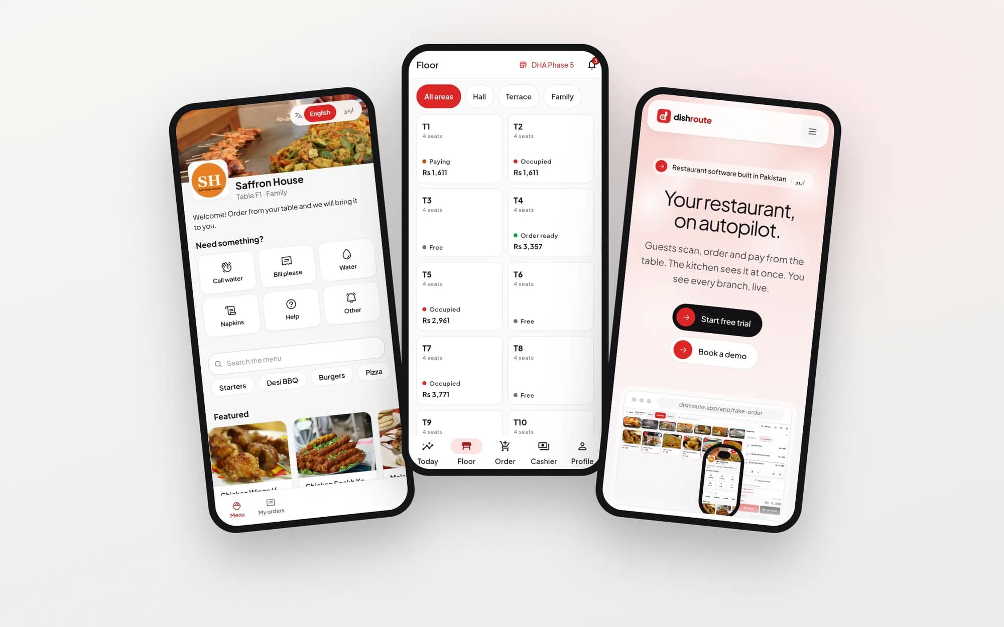 Three DishRoute mobile screens side by side showing the app and the mobile website