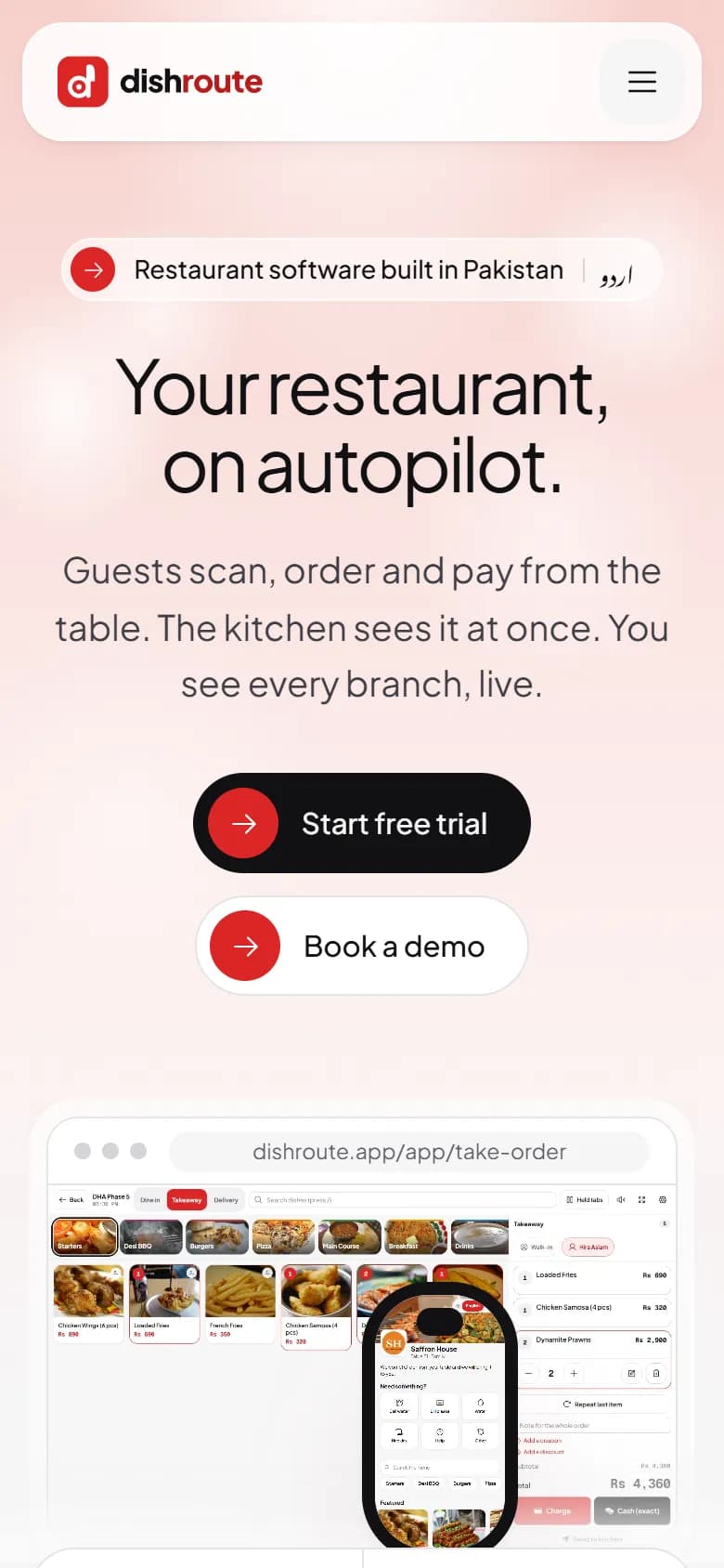 DishRoute marketing website on a mobile phone