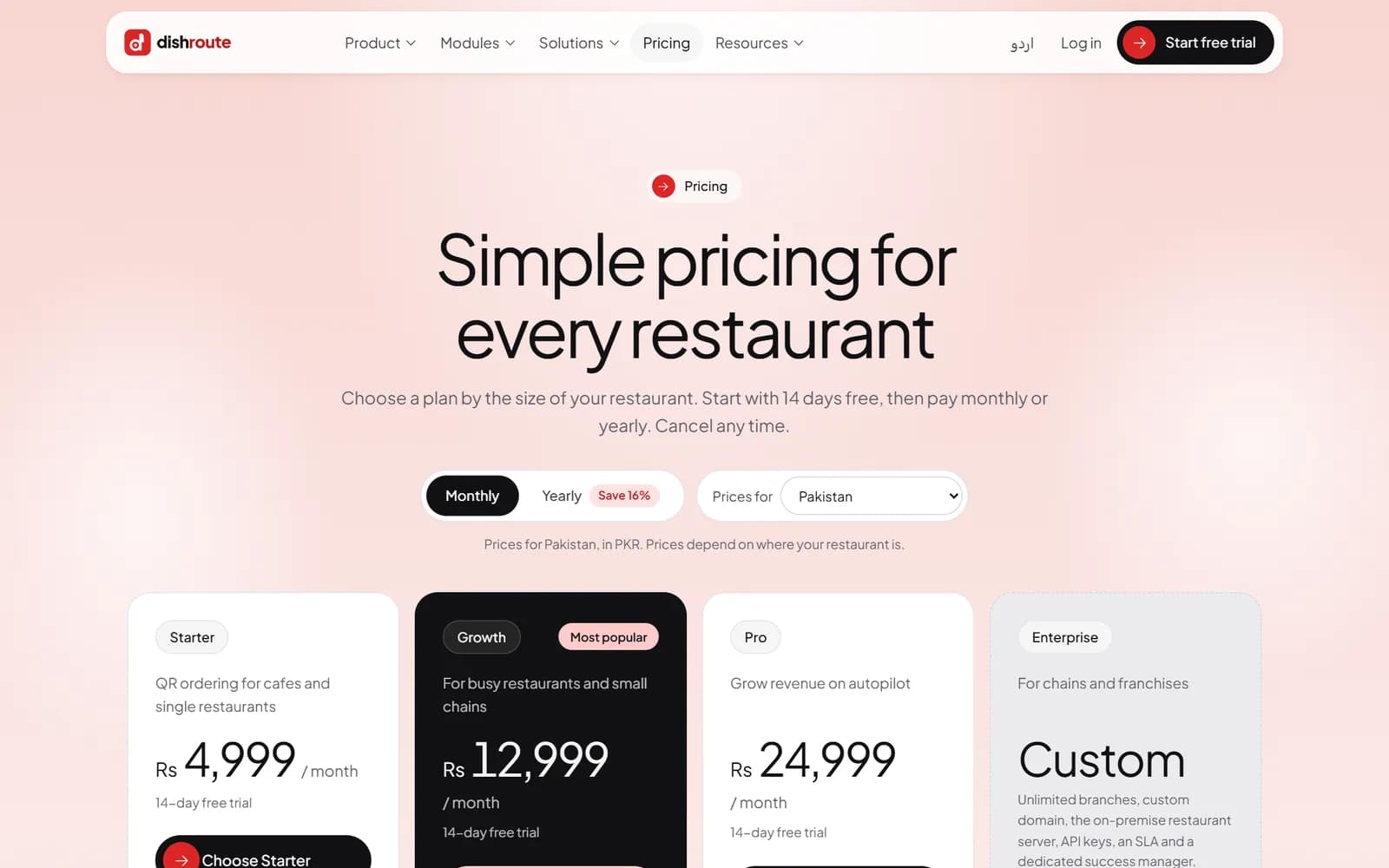 DishRoute marketing website pricing plans