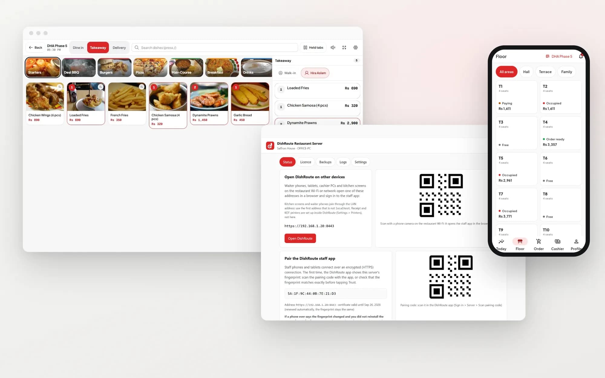 DishRoute web app, desktop and mobile screens shown together as one product suite
