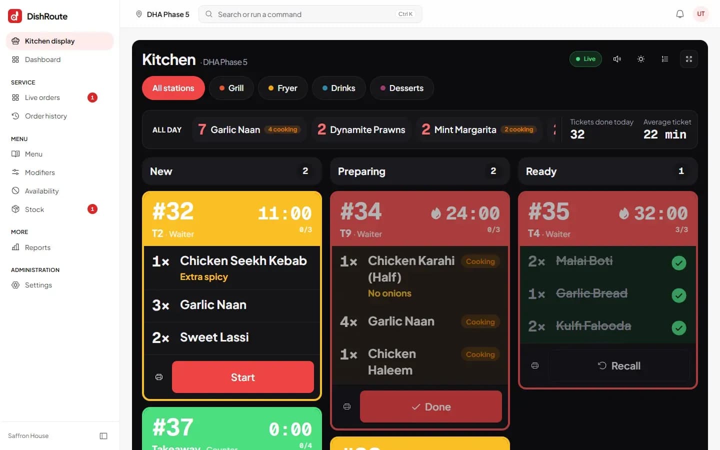 DishRoute kitchen display with order tickets, timers and station filters