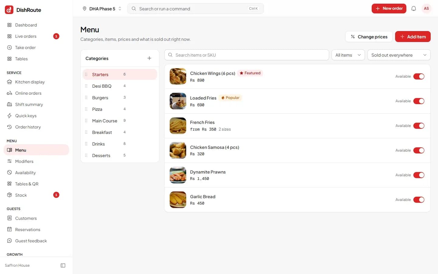 DishRoute menu manager with categories, prices and sold-out toggles