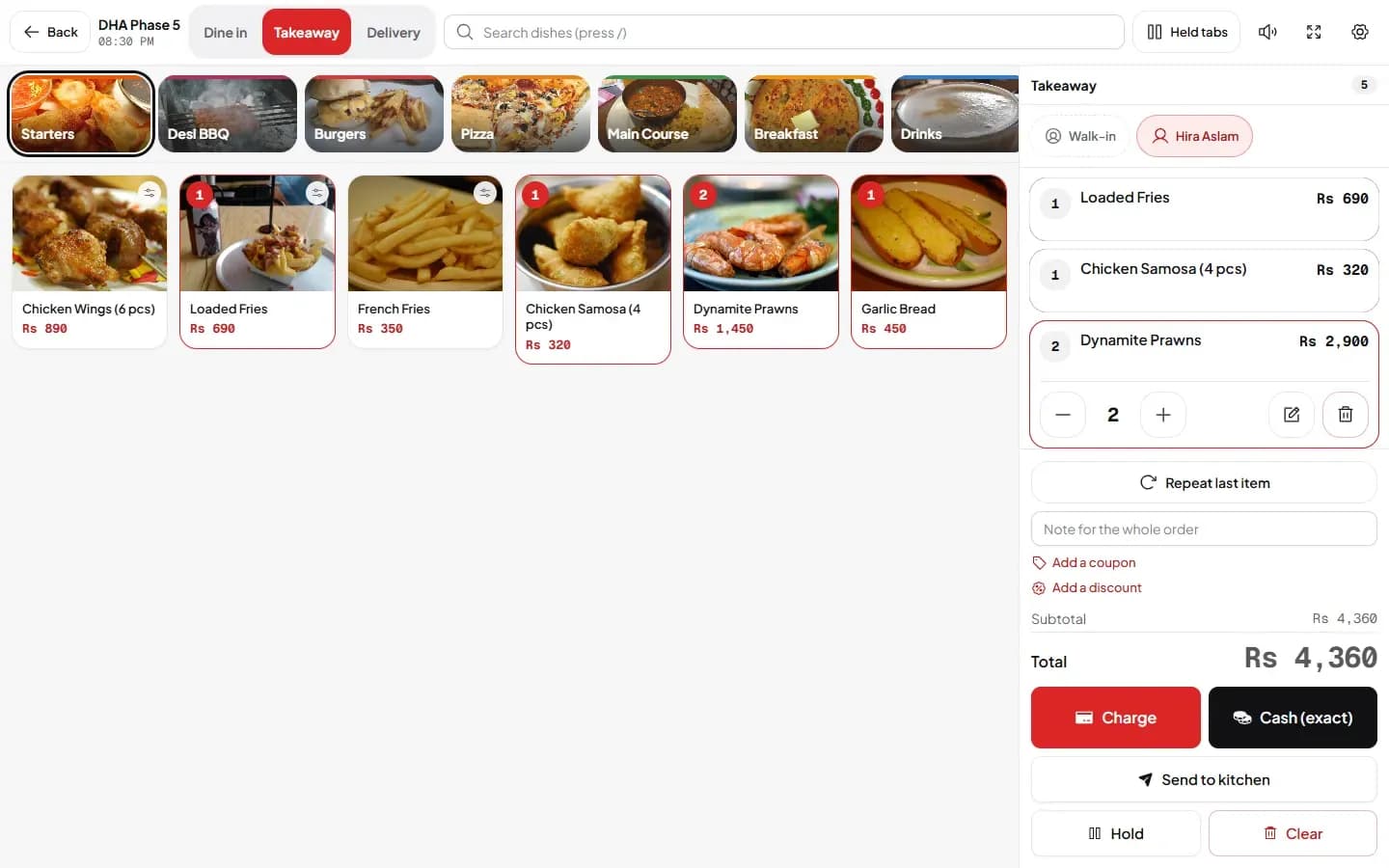 DishRoute counter POS taking a takeaway order with menu categories and ticket