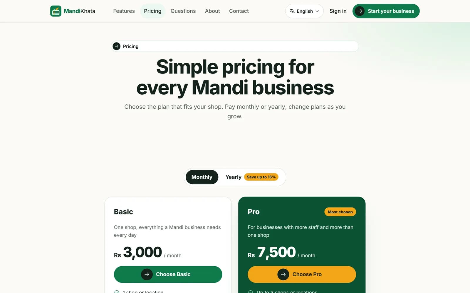 MandiKhata marketing website pricing plans