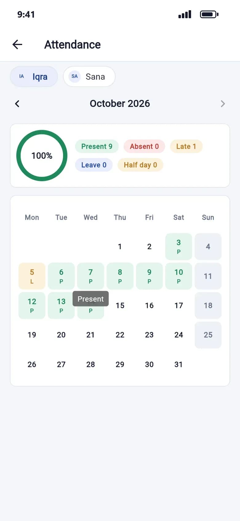 Qalamora mobile app monthly attendance calendar for a student