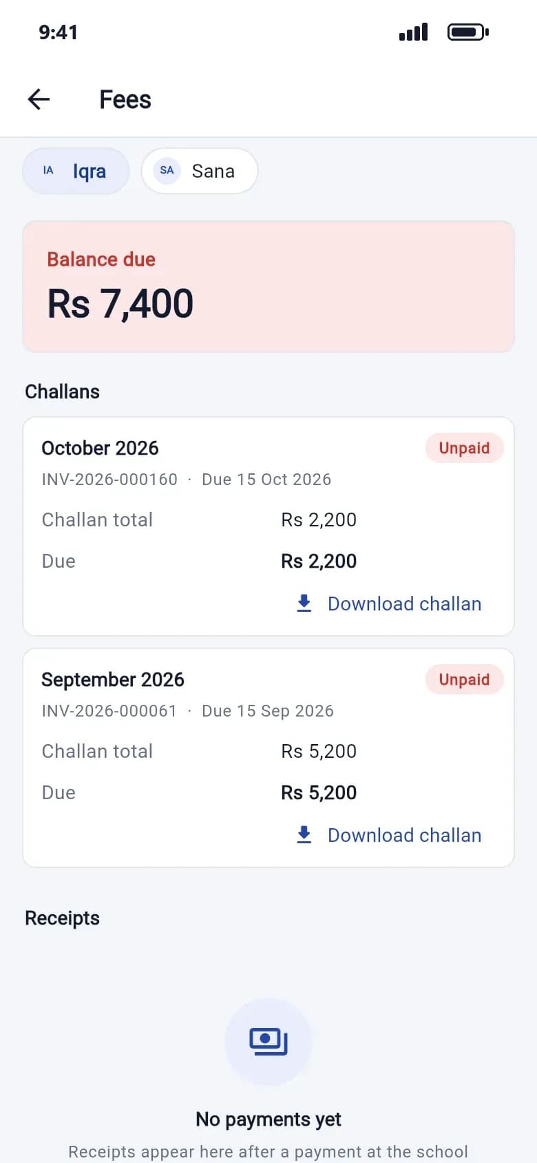 Qalamora mobile app fee screen showing balance due and downloadable challans