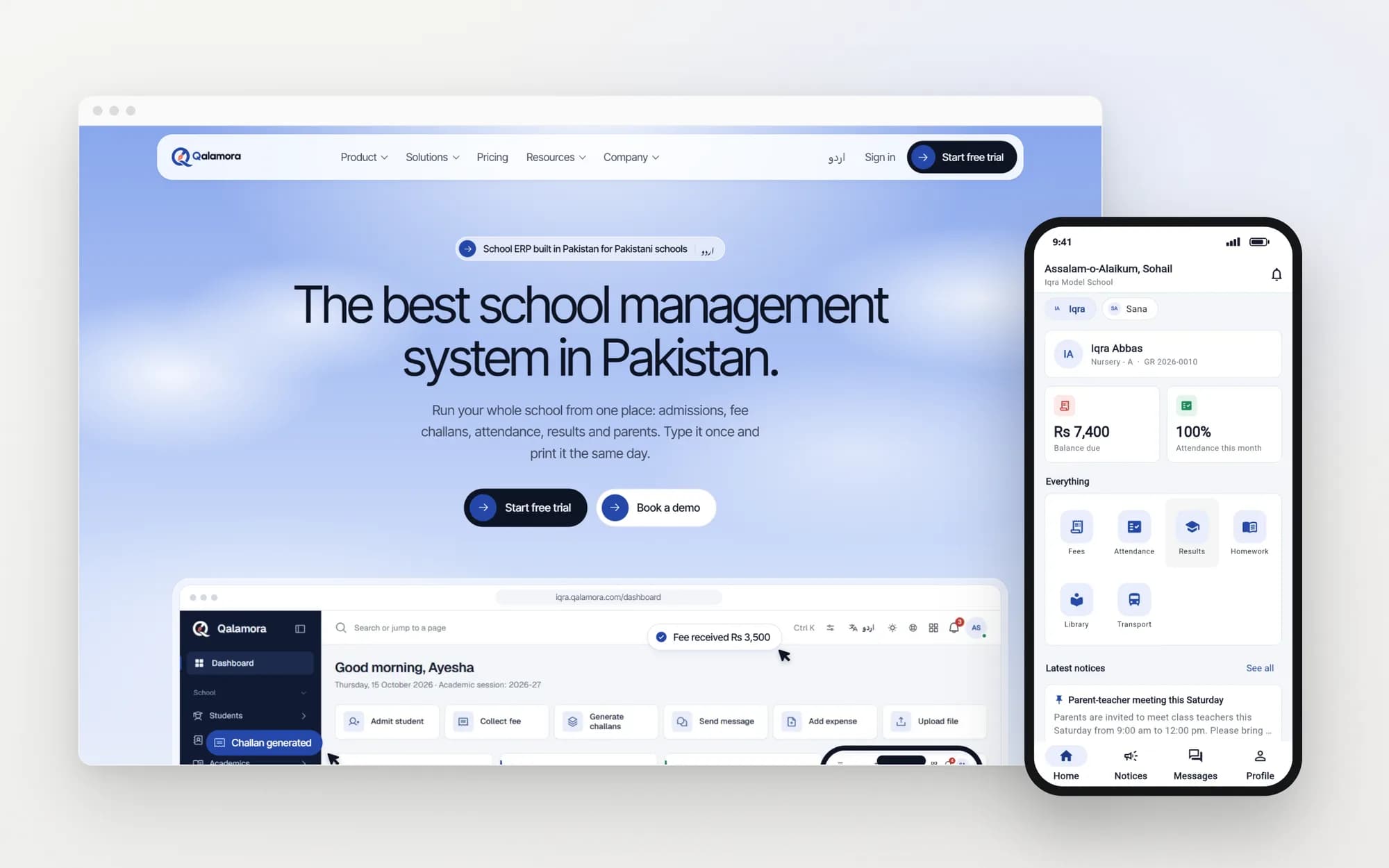 Qalamora school management system marketing website on a desktop browser with the mobile app beside it