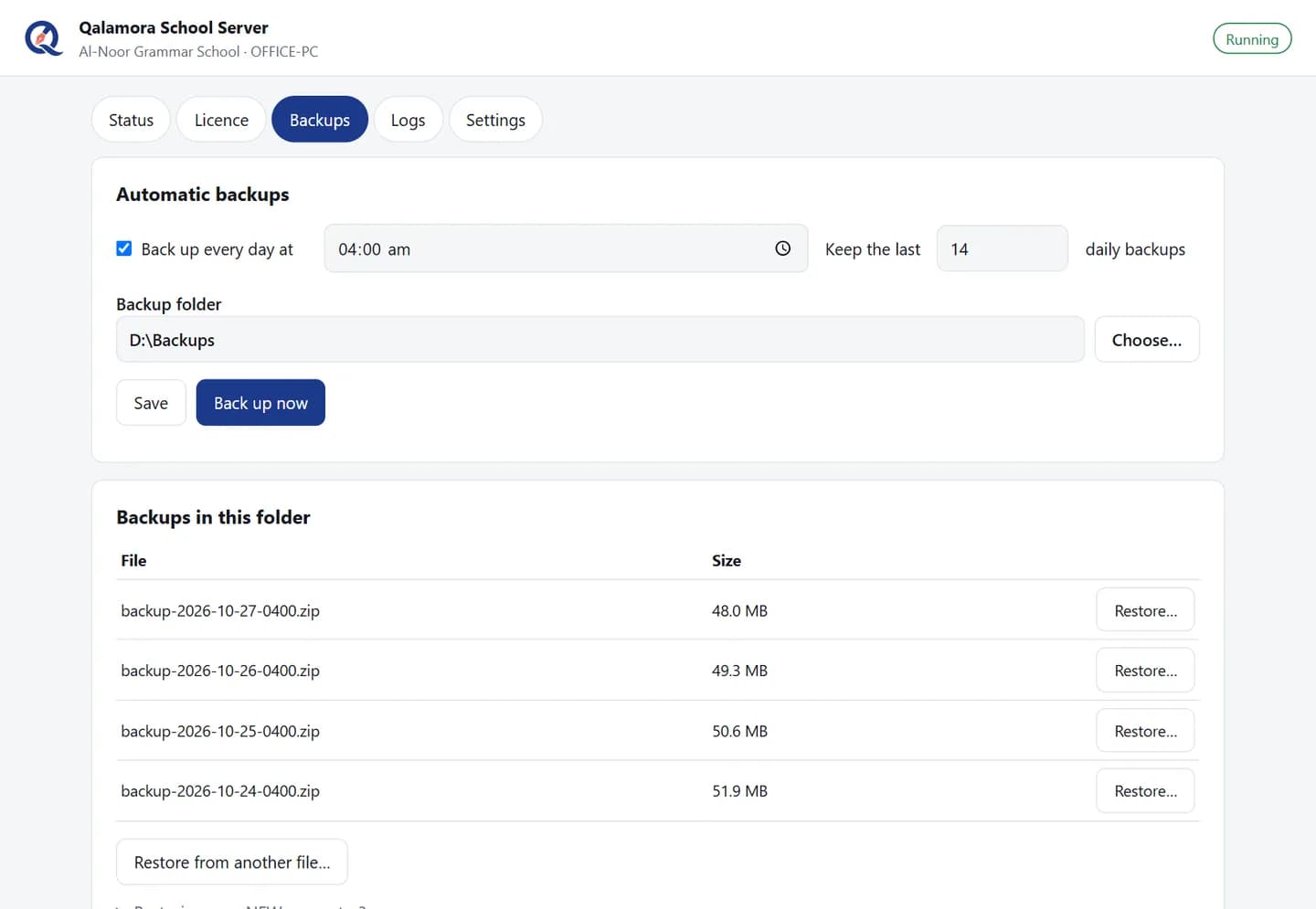 Qalamora School Server backups tab with daily schedule and restore points