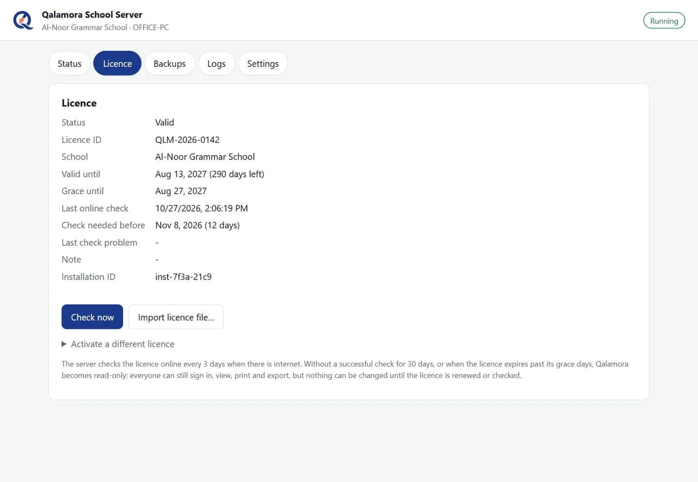 Qalamora School Server licence tab with validity and online check schedule