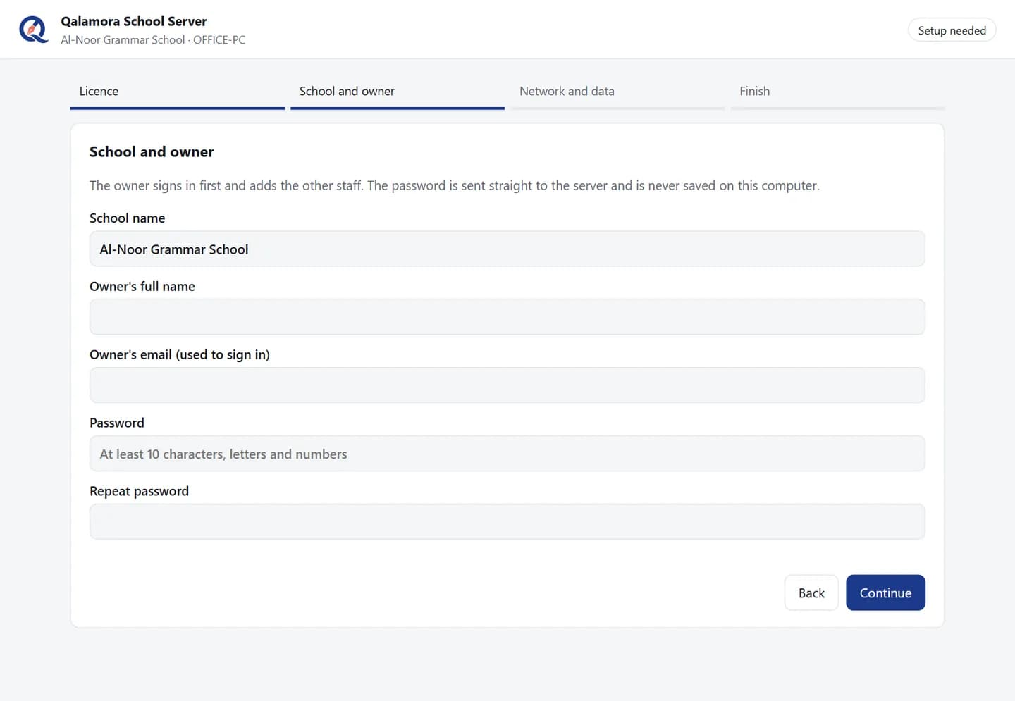 Qalamora School Server first-run setup wizard on Windows