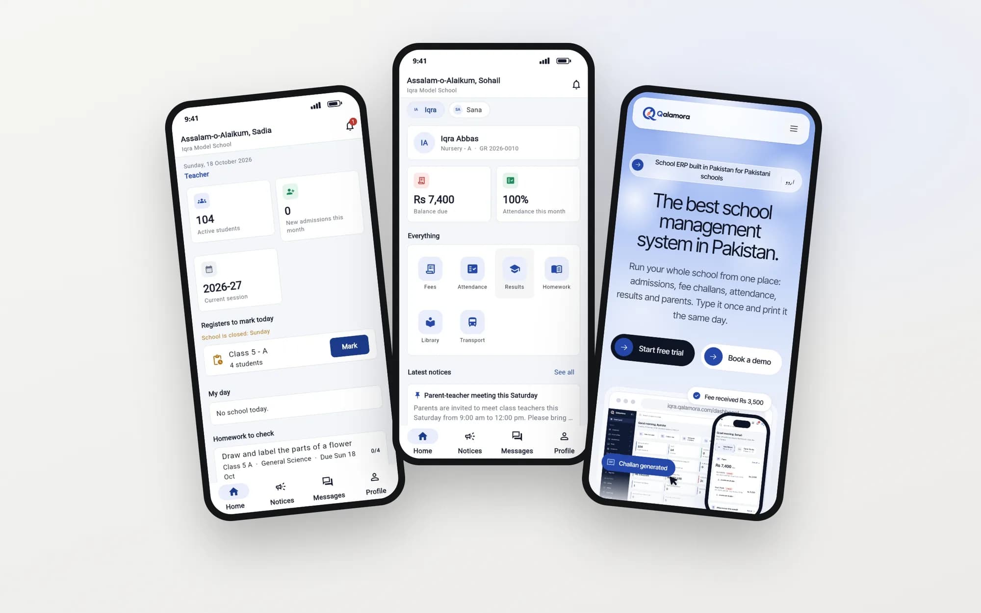 Three Qalamora mobile screens side by side showing the app and the mobile website