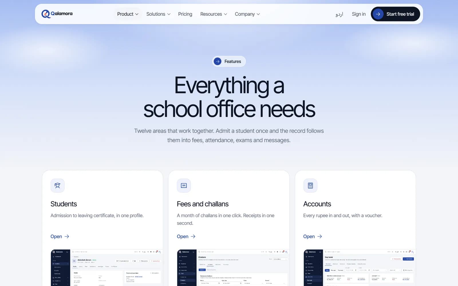 Qalamora marketing website features page
