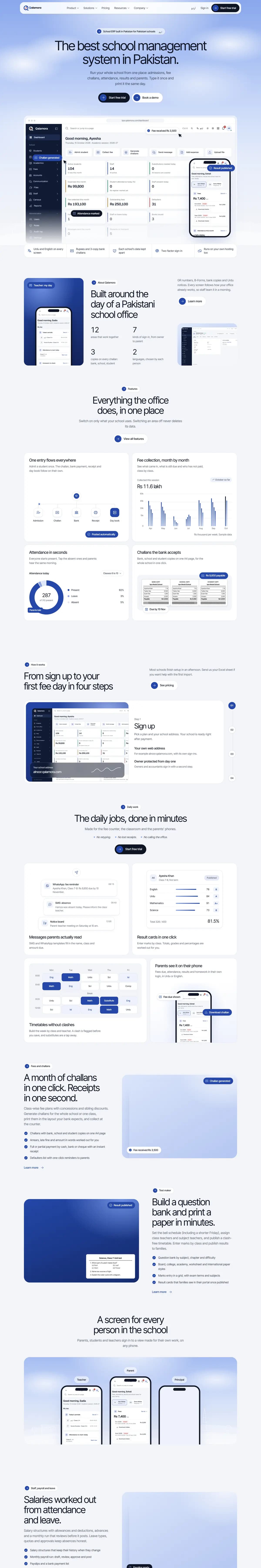 Full-length Qalamora marketing website home page from hero to footer