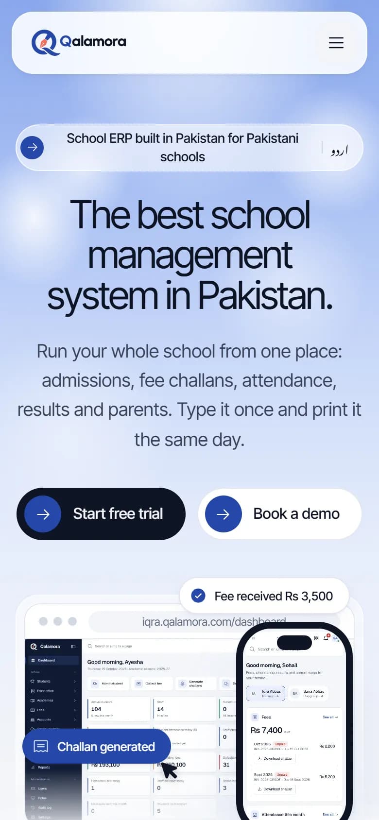 Qalamora marketing website on a mobile phone