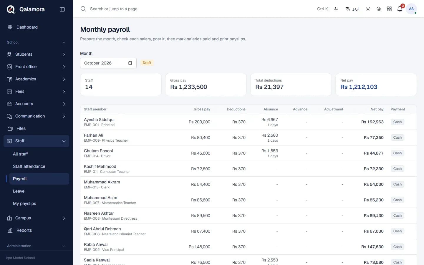 Qalamora payroll run calculating staff salaries from attendance and leave