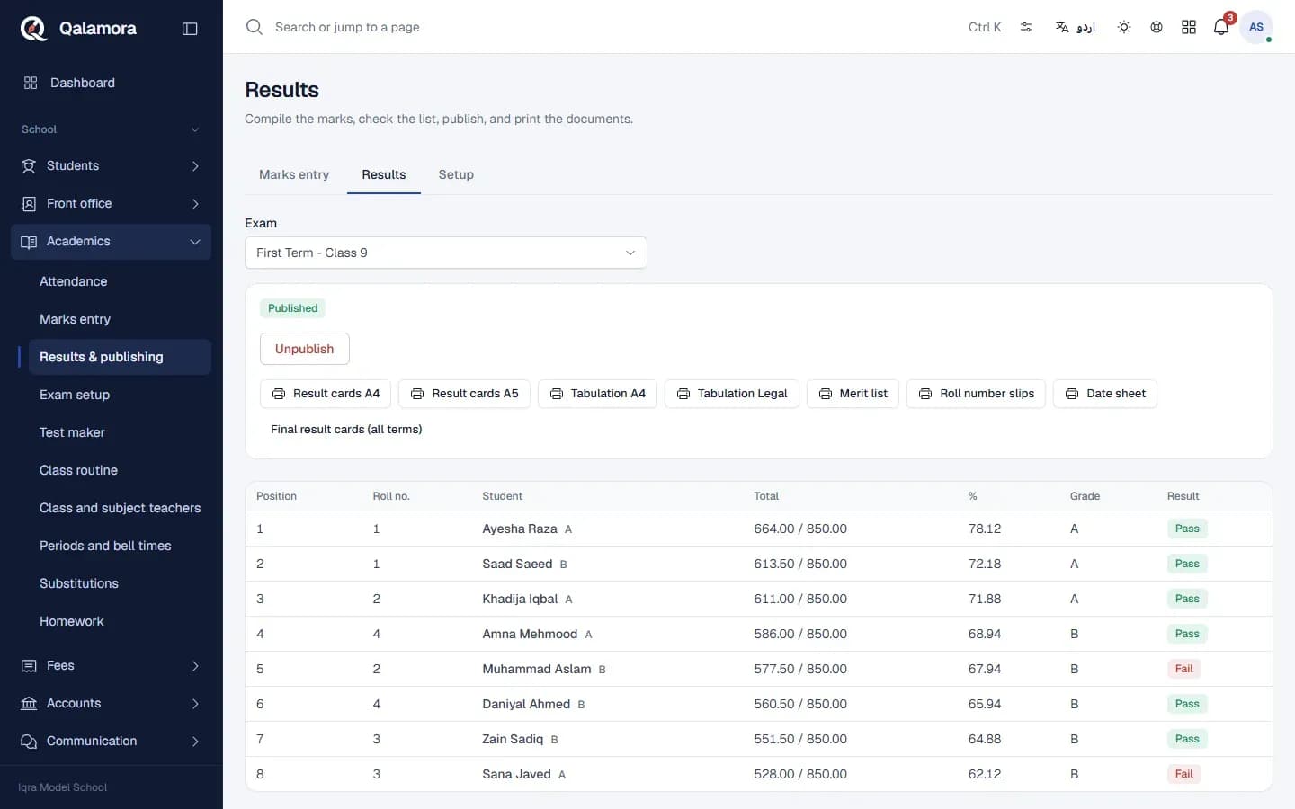 Qalamora published exam results with positions and printable result cards