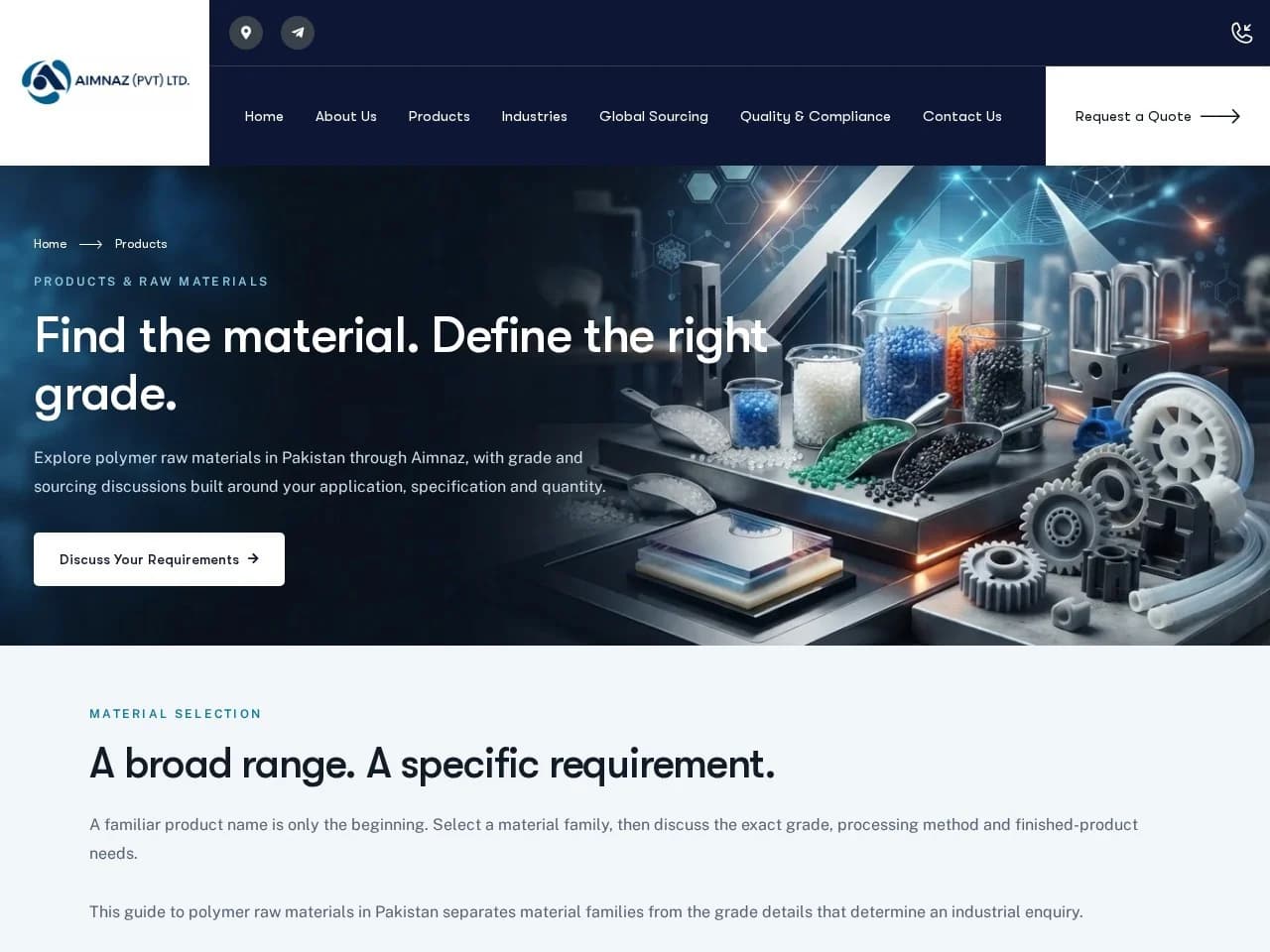 Live Aimnaz products page presenting polymer materials and product inquiries